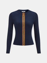 Zip-Front Suede Panel Ribbed Knit Top